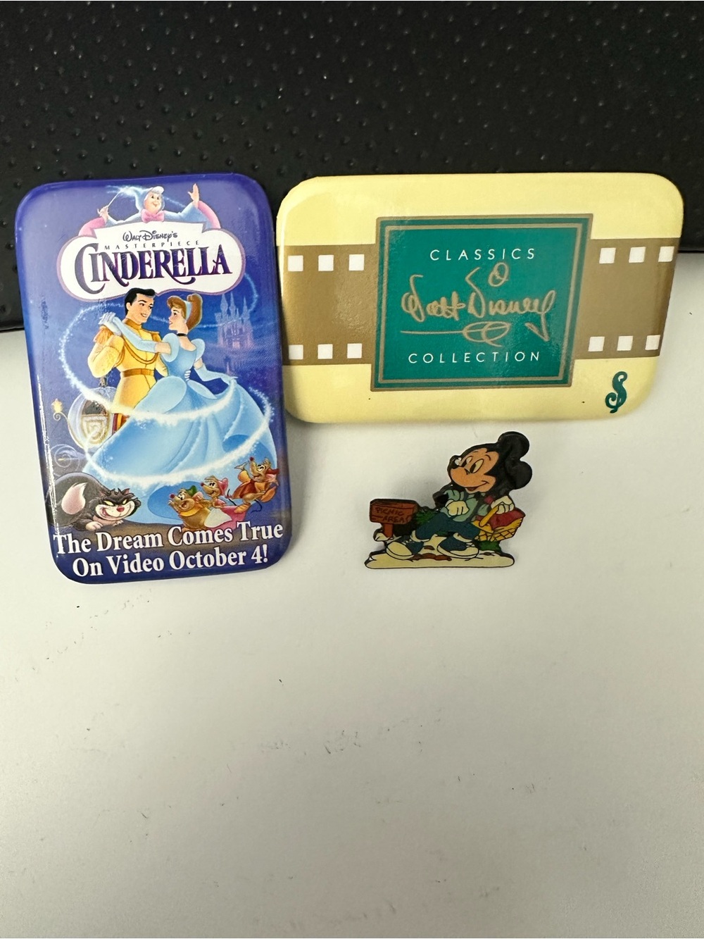 Set of 3 Vintage Disney Pins/Buttons-Cinderella, WDCC & Mickey Mouse Picnic